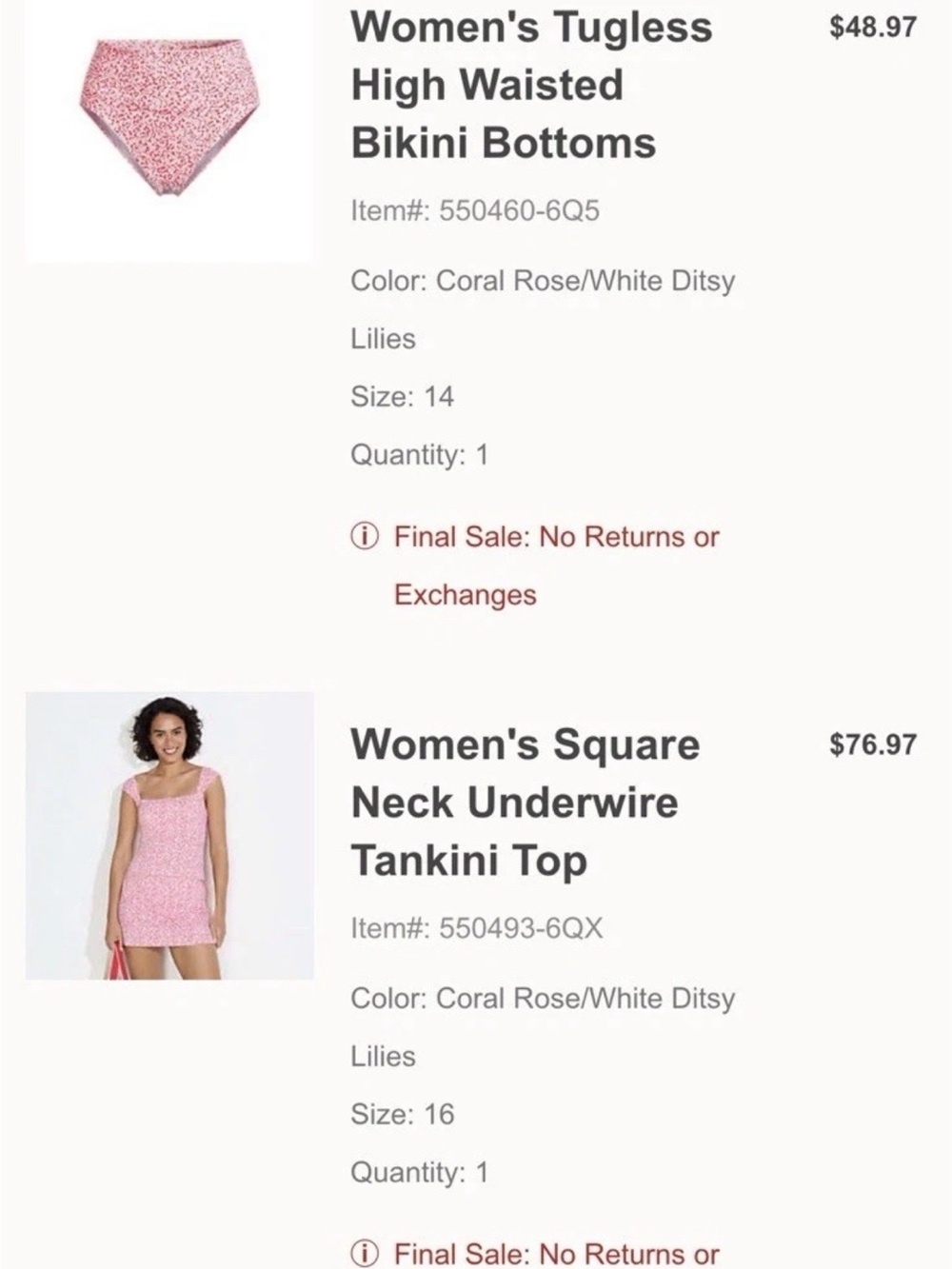Lands' End Square Neck tankini & high waisted bottoms Coral Rose & White Daisy